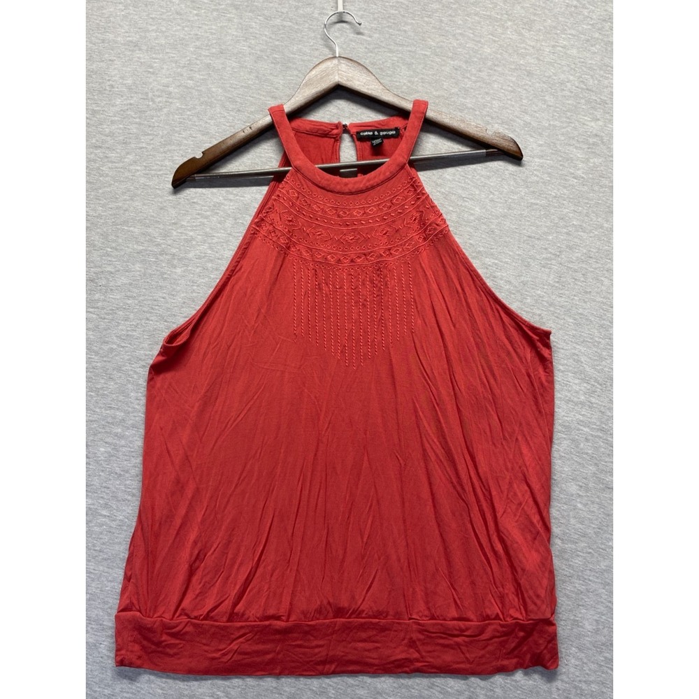 Cable & Gauge Tank Top Women XL Red Intricate Embroidered Sleeveless Halter Neck
